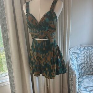 Ulla Johnson Handmade Teal and Brown Patterned top and shorts set.